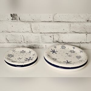 Christmas Street Handpainted Snowflake Plates Set of 6 Blue & White Winter